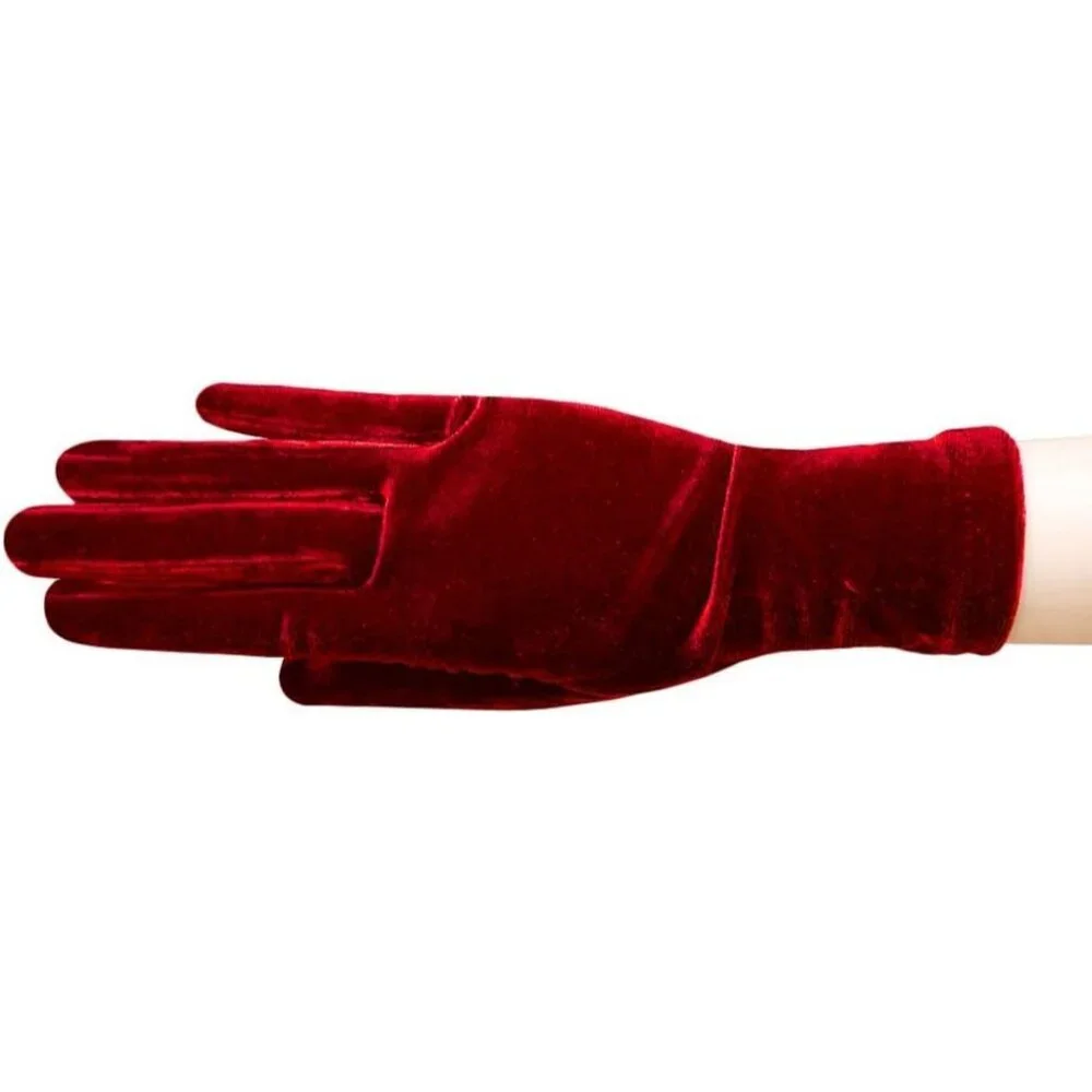 Women's Dark Red Stretch Velvet Gloves Wrist Short Length Wedding Party Gloves
